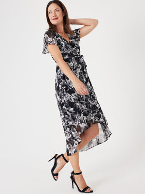 High Low Black/Taupe Floral Mesh Wrap Dress - 9