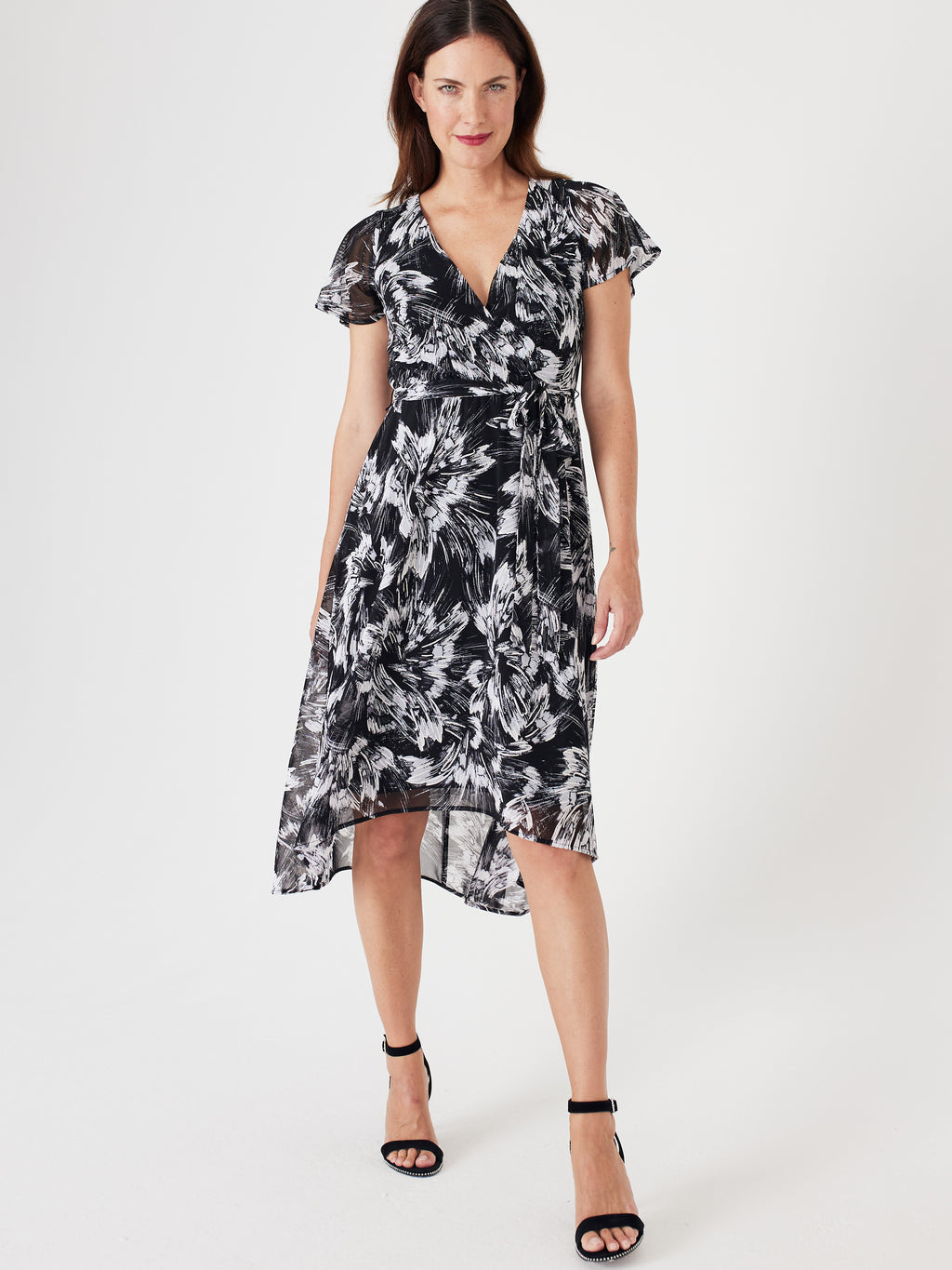 High Low Black/Taupe Floral Mesh Wrap Dress
