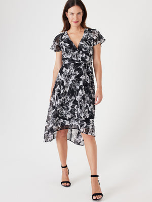 High Low Black/Taupe Floral Mesh Wrap Dress - 5