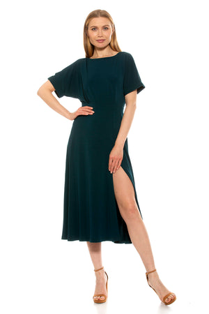 Lana Draped Boatneck Neckline Bodice Midi Dress With Slit - 1