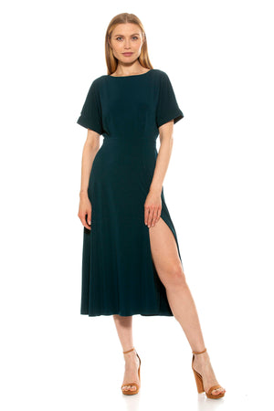 Lana Draped Boatneck Neckline Bodice Midi Dress With Slit - 3