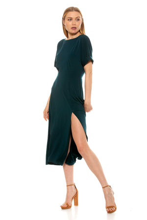 Lana Draped Boatneck Neckline Bodice Midi Dress With Slit - 2